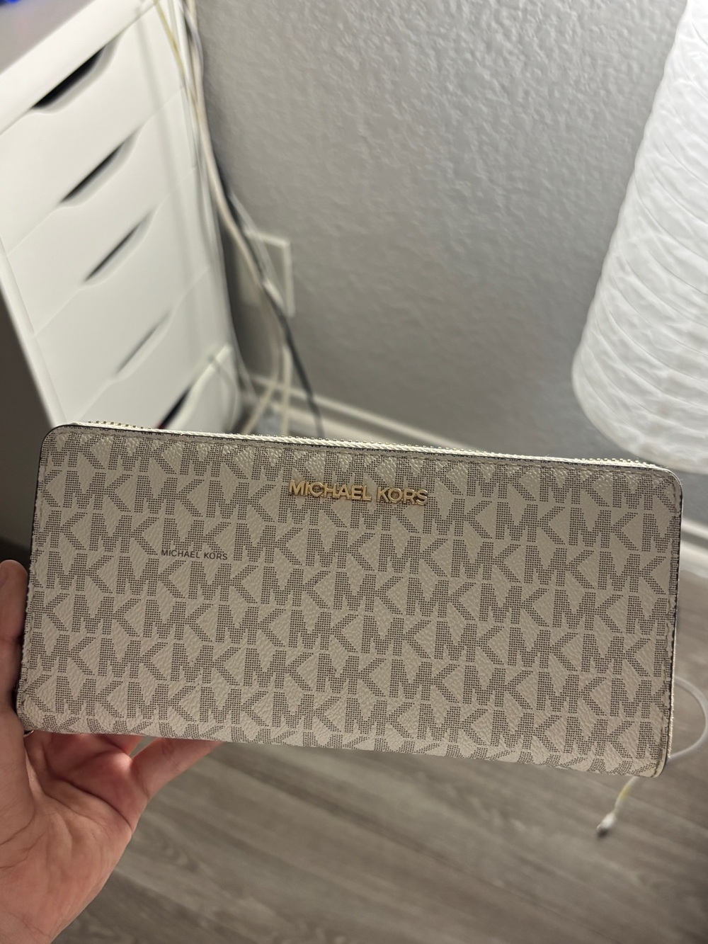 Michael Kors Beige Monogram Zip-Around Wallet with Gold Logo